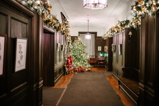 a hallway in dark brown wood lined with botanical art prints
